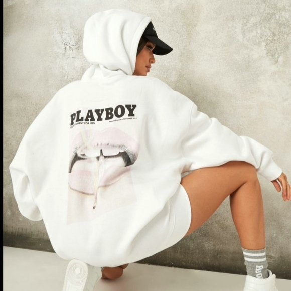 Missguided Sweaters Playboy Oversized Lip Print Hoodie Dress White
